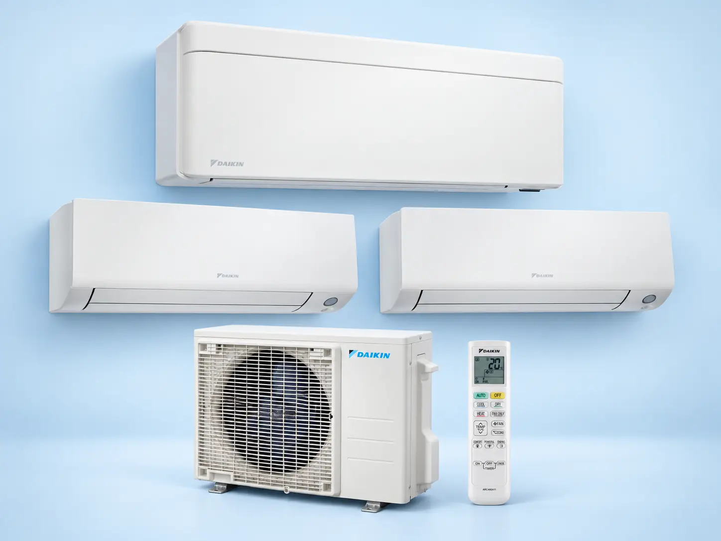 Daikin Stylish designbinnenunit in een woonkamer met twee Perfera units in de slaapkamers